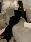 Elegant Black Maxi Dress Women Off Shoulder Long Sleeve High Split Waist Slimming Autumn Evening Party Sexy Vestidos Robe Mujer