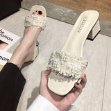 Summer White Crystals Shoes Rhenstone Slides Job Jewels Women's Slippers and Ladies Sandals High Up To 5cm Heel Sexy Shoe I