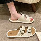 Leather Indoor Flat Open Toe Slides Shoes for Women Rubber Summer House Woman Slippers Home Bedroom Sandals Original Shoe