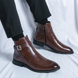 High-quality New Men Ankle Boots Men's Side Zipper Brown Black Classic Business Casual Fashion Party Personality Buckle Men Shoe