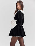 Sexy Lace Flare Long Sleeve Mini Dress Women Fashion Black Square Collar High Waist A-line Dresses Lady Evening Party Gown