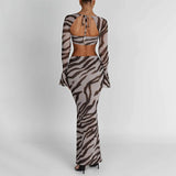 Women's 2 Piece Skirt Outfits Long Sleeve Zebra Print Tie Up Tops Long Bodycon Skirt Set Party Club Clothes Sets