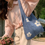 Ins Fashion Sweet Flower Knitted Hollow Tote Bag Large Capacity Shopping Bag Ladies Simple Retro Shoulder Bag Handbag for Women