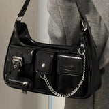 Aesthetic Punk Women Multi-pockets Chain Crossbody Bag Black Handbags Lady Y2K Moto Biker Shoulder Messenger Bag Trend Tote Bags