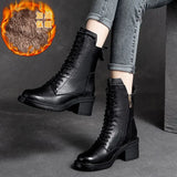 Cow Leather Quality Women Shoes Autumn Winter Square Med Heel Ankle Boots Lace Up Zipper Ladies Pumps Size 35-40