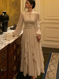 Elegant Ruffles Midi Dress Women Lantern Sleeve High Waist A-line Solid Autumn Spring Female Evening Party Vestidos Robe New