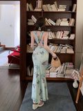 Butterfly print backless camisole dress for women's summer temperament buttocks wrapped long slim fit waist fishtail Dress