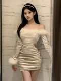 Temperament Fur Collar Exposed Waist Party Dress Women Autumn Winter Long Sleeve Folds Slim High End Wrapped Dresses