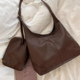 Vintage Brown Shoulder Bag for Women Elegant Pu Leather Casual Large Capacity Tote Bag Aesthetic Commuter Female Handbag