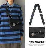 Japanese Y2k Dark Black Pu Leather Bag Fashion Oversized Pin Lady Bags Messenger Bag Shoulder Bag Purses Handbags Man Bag