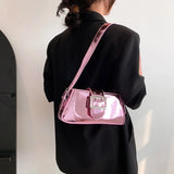 Silver Shoulder Bags for Women Spring Y2K Small Purse Glossy PU Leather Luxury Brand Female Underarm Handbags Pink