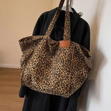 Oversized Leopard Prints Shoulder Bags for Women Deformable Canvas Large Capacity Shopping Totes Winter New Luxury Handbags