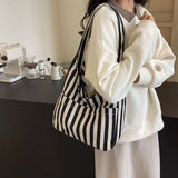 Small Fresh Striped Handbag Shoulder Large Capacity Leisure Tote Bag Female And Girl Bucket Crossbody Shopping Bag