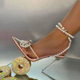 Sexy White String Bead Women Transparent High Heels Summer Fashion Butterfly-Knot Clear Sandals Pointed Toe Shoes Pumps