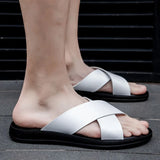 Fashion Men Real Leather Slippers Summer New Black White/red/yellow Cross Over Slippers Men's Leisure Comfort Flat Sandals