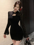 Sexy Black Womens Dresses Elegant Lace Patchwork Flare Long Sleeves Half Open Collar Bodycon Party Mini Dress Short Vestidos