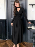 Elegant Solid Pleated Knitted Dress for Women Autumn V-Neck Long Sleeve Slim Party A-Line Chic Vestidos Female Evening Dresses