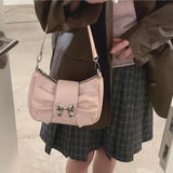 Pink Bow Womens Shoulder Bag Korean Fashion College Style Elegant Handbag Square Pleated Sweet Casual Leather Armpit Bag