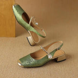 Ladies Shoes Print Thick Heel for Party and Weddings Green Closed Half Women's Sandals Pearl Block Chunky Korea Daily Pvc or Vip