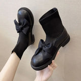 Ankle Mary Janes Boots for Women Kawaii Cute Booties Bow Tie Woman Short Lolita Shoes Flat Round Toe Large Size Warm Pu Autumn