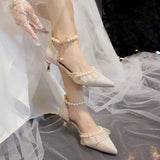 Luxury Silk White Wedding Shoes for Women Summer Pearl Ankle Straps High Heels Pumps Woman Pointed Toe Heeled Dress Shoes
