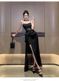Elegant Black Long Dresses for Women Summer New French Sexy Fashion Sleeveless Split Birthday Evening Party Female Clothing