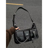 Aesthetic Punk Women Multi-pockets Chain Crossbody Bag Black Handbags Lady Y2K Moto Biker Shoulder Messenger Bag Trend Tote Bags