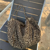 Vintage Leopard Print Tote Bag Handbag Women Retro Large Capacity Casual Shoulder Bags Female Harajuku Canvas Y2k Bags