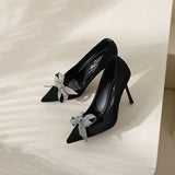 Shoes for Women Rhinestone High Heels Pointed Toe Diamond with Crystals Bow Pumps on Heeled Black Ladies Summer Footwear