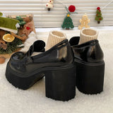 Gothic Chunky High Heels Pumps for Women Spring Patent Leather Platform Loafers Woman Black Thick Heeled Jk Lolita Shoes