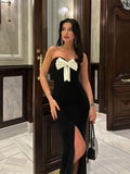 Elegant Bow Strapless High Split Maxi Dress For Ladies Sexy Off-the-shoulder Backless Sheath Dresses Women Club Party Vestidos