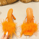 Summer Fashion Yellow Fluffy Furry Women Slippers Mules High Heels Slides Female Gladiator Sandals Party Banquet Shoes