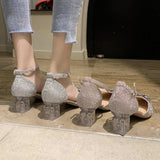 Diamond Bow Purple Ladies Shoes Sandals for Women with Medium Heels Square Summer Footwear Rhinestones Trend Casual H Korea