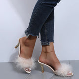 New Pink White Women Sandals Sexy Open Toe Furry Fur Summer High-Heeled Pumps Ladies Metal Buckle Strap Wedding Party Shoes