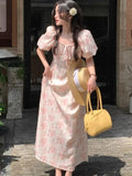 Summer Floral Print Midi Dress Women Off Shoulder Puff Sleeve Fairy A-line Elegant Dresses Casual Korean Fahion Vestidos Mujer