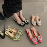 Rhinestone Sandals Mary Jane Shallow Mouth Comfort Shoes Woman Summer Heels Med Pointed Girls High Retro Medium Fashion Shoes