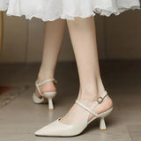 Summer Pointed Toe White Pumps Heeled High Heels Footwear Buckles Ladies Shoes Beige Sandals for Women H Korea Comfort Sale