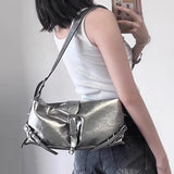 Fashion Y2K women Armpit bag small PU Leather Shoulder Bag for female Tote Hip Hop Messenger Bag Commuter Female Handbag silver