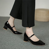 Spring Autumn Women Buckle Mary Janes Shoes Patent Leather Dress Shoes High Heels Pumps Retro Ladies Shoe Black Red