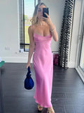 Pink Camis Satin Long Dresses Elegant Sleeveless Slip Holiday Party Dresses Sexy Casual Backless Summer Dresses Women