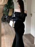 Elegant Black Maxi Dress Women Off Shoulder Long Sleeve High Split Waist Slimming Autumn Evening Party Sexy Vestidos Robe Mujer