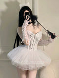 Medieval Retro Princess 2-piece Set Women Tube Top Mini Skirt Lace Frill Textured Boned Corset Elastic Waist Tutu Gown