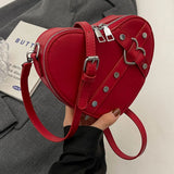 Vintage Y2K Small Chain Rivet Shoulder Bag Heart Shaped Purse Handbag Red PU Leather Gothic Tote Bag Fashion Women Crossbody Bag