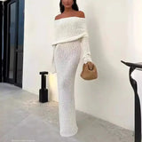 Elegant Knit Maxi Dress Long Flare Sleeve White Ladies Guest Luxury Off Shoulder Beach Event Party Evening Dress Summer