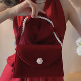 Vintage Red Velvet Women Shoulder Bag Pearl Chain Ladies Tote Underarm Bags Elegant Female Clutch Purse Handbags Christmas Gift