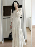 Autumn Woemn Embroidery Long Dress Elegant O-neck Ladies Long Sleeve One Piece Clothes French Solid Vestidos Maxi Dresses