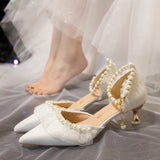 Luxury Silk White Wedding Shoes for Women Summer Pearl Ankle Straps High Heels Pumps Woman Pointed Toe Heeled Dress Shoes