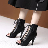 Sandals Hollow Mesh Heels Women's Shoes Summer Trend Black Lace-Up Sexy Peep Toe Boots Stilettos Jazz Dance Female Shoes