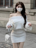 Y2K Autumn Solid Knitted Dresses for Women Off Shoulder Slash Neck Casual Vestidos Mujer Korean Femme Chic Fashion Mini Dress