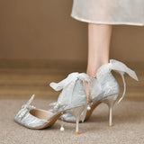 Bridal Wedding Shoes Women Pumps Crystal Bowknot Satin Sandals Summer Transparent Shoes High Heels Party Prom Shoes